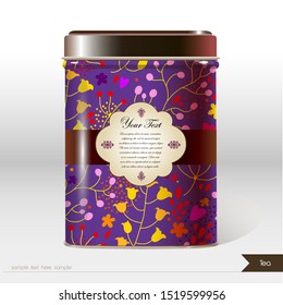 Vector box with flowers, leaves , plants and place for your text. Design product package. Tea, coffee, dry products