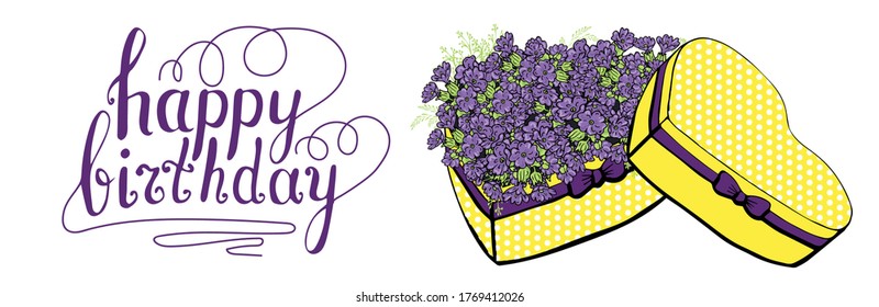 Vector box with flowers.Floral background for cards or postcards. Giving for Happy birthday 