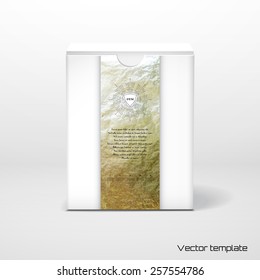 Vector box with golden foil insert. Decor in form of cut gems with a sun burst. Place for your text. 