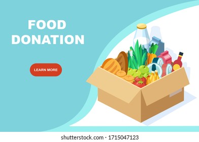 Vector Of A Box With Groceries. Food Donation Drive Program Banner 