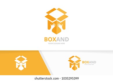 Vector box and hands logo combination. Package and embrace symbol or icon. Unique delivery and team, friendship logotype design template.