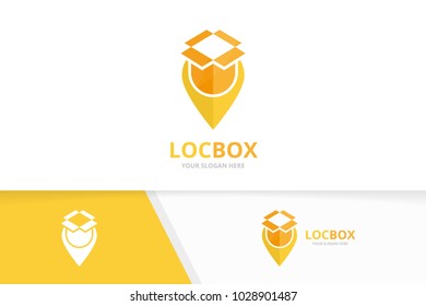 Vector box and map pointer logo combination. Package and gps locator symbol or icon. Unique delivery and pin logotype design template.