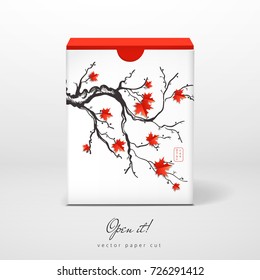 Vector box. Maple branch. Paper cut design. Open it.