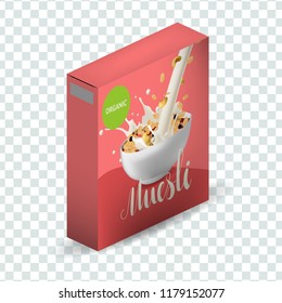 Vector Box Package Template With Handwriting Text And Muesli In Bowl With Yougurt Or Milk. Calligraphy For Posters, Site Or Logotype Design.