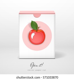 Vector box with paper cut design in the form of apple. Open it. 3D 