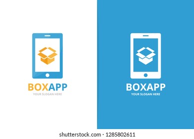 Vector box and phone logo combination. Package and mobile symbol or icon. Unique delivery and device logotype design template.