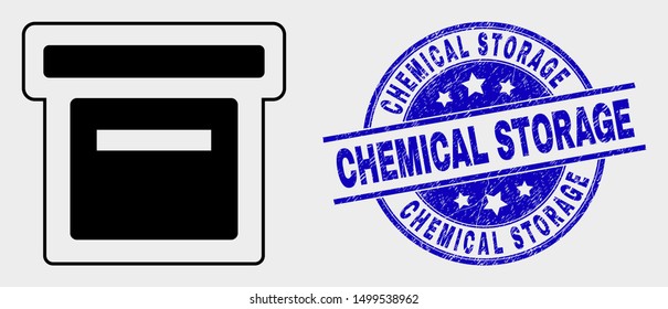 Vector box pictogram and Chemical Storage seal stamp. Red round grunge stamp with Chemical Storage caption. Vector combination in flat style. Black isolated box pictogram.