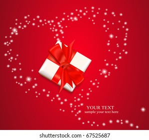 vector box with a red bow and heart of the stars on a red background