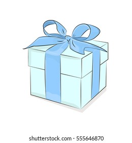 Vector Box with Ribbon. Breakfast design. Turquoise isolated gift box on white background. Present illustration. Love occasional gift. Anniversary clipart
