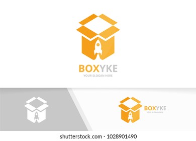 Vector box and rocket logo combination. Package and airplane symbol or icon. Unique delivery and flight logotype design template.