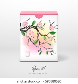 Vector box. Sakura branch. Paper cut design. Open it. The inscription in Japanese style - Spring.