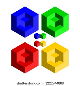 Vector box of  square Green, yellow, blue and red hexagon Stacked together with a White background. Used in printing and web.impossible.cube.icon