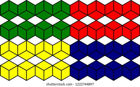 Vector box of  square Green, yellow, blue and red hexagon Stacked together with a White background. Used in printing and web.impossible.cube.icon