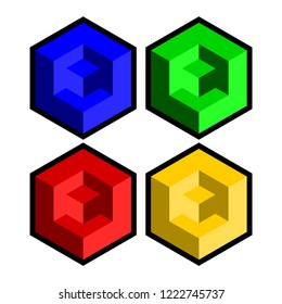 Vector box of  square Green, yellow, blue and red hexagon Stacked together with a White background. Used in printing and web.impossible.cube.icon