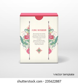 Vector box template with oriental floral pattern. Insertion for your text and dividers. Delicate green and pink.