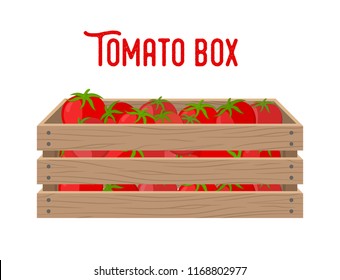 Vector box with tomatoes, grocery basket with garden products. Storehouse crate. Wooden container for vegetables, products. Delivery, transportation package.