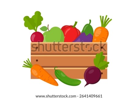 Vector box with vegetables . Fresh and organic vegetables