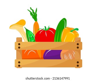 Vector box with vegetables, grocery basket with garden products. Storehouse crate. Wooden container for vegetables, products. Delivery, transportation package.