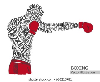 Vector boxer. Silhouette of the athlete from the thematic words. Text graphics, lettering.