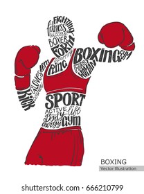 Vector boxer. Silhouette of the athlete from the thematic words. Text graphics, lettering.