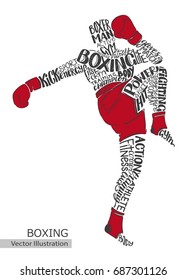 Vector boxer. Silhouette of the athlete from the thematic words. Text graphics, lettering.