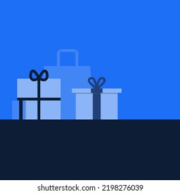 Vector boxes, bags, gifts and gift cards. Purchase of presents. Give gifts. Gift boxes with bows. Birthday celebrations and special events.