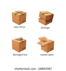 Vector boxes in different States. Damaged and whole boxes