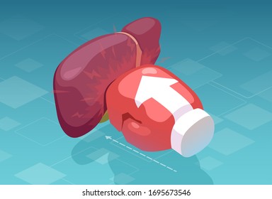 Vector of a boxing glove punching a human liver. Hepatic pain and disease concept