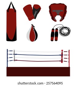 Vector boxing icon set- boxing ring, gloves, helmet, jumping rope, punching bag, speed bag