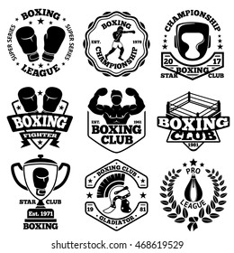 Vector Boxing labels set with - boxer, helmet, gladiator, goblet, laurel, ring, boxing gloves.