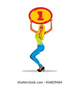 Vector Boxing Ring Girl Cartoon Illustration. Woman holding a board. Unusual Logo template isolated on a white background