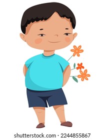 
Vector boy in a blue t-shirt and blue shorts holds orange flowers in his hands behind his back. The child is going to give a bouquet of flowers to his mother, girlfriend, grandmother or someone else.