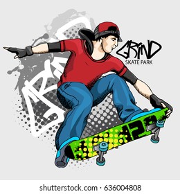 Vector boy with cap and skateboard. Hand drawn illustration of skateboarder.
