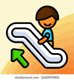 Vector boy character on an upward escalator, smiling and holding the handrail, with a green arrow showing direction. Suggests improvement, growth, or progress.