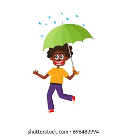 vector boy child in casual clothing staying under rain keeping umbrella in hand. cartoon isolated illustration on a white background. Autumn activity kids concept