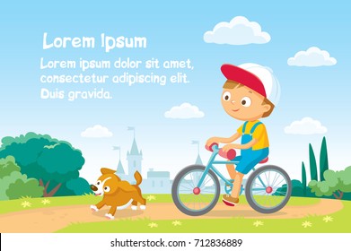 Vector boy child man rides bike bicycle in natural summer landscape by pathway track through green lawn meadow and puppy running ahead.Escape from city.Bike ride.White clouds and castle on background.