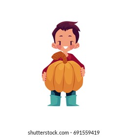 vector boy child wearing rubber boots stands smiling keeping big pumpkin in hands. cartoon isolated illustration on a white background. Autumn activity kids concept