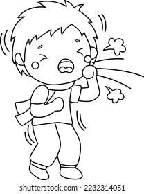 a vector of a boy coughing in black and white coloring