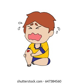 Vector of boy crying with scraped knee.
