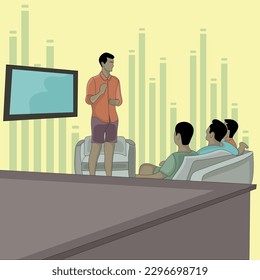 vector a boy describe to three boys using a monitor flat design