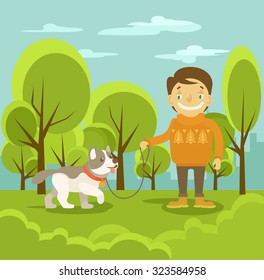 Vector boy with dog. Vector flat illustration