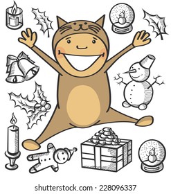 Vector boy dressed as cat for Christmas, jumping