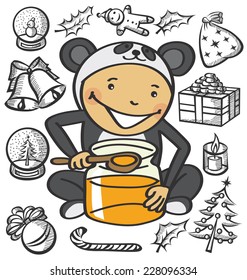 Vector boy dressed as panda for Christmas, eating honey