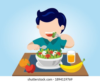 Vector of  boy eating a bowl of salad, fruits, and a glass of orange juice