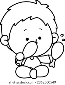 a vector of a boy eating chicken in black and white coloring