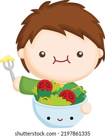 a vector of a boy eating salad