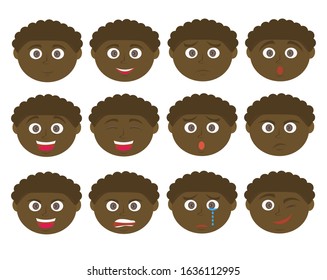 Vector boy expression and emoticon. African-American boy.