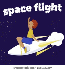 Vector boy flies on a rocket in space surrounded by stars. Text space flight