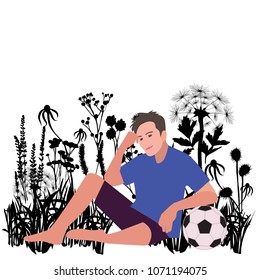 Vector boy football player with ball relaxation on the meadow.