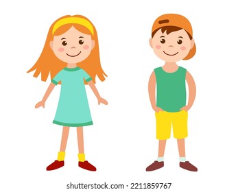 Vector boy and girl, cartoon flat illustration of children, isolated clipart with little kids, smiling happy children on white background